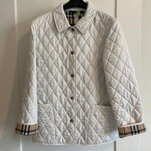 Burberry Constance Women’s White Quilted Jacket w/ Signature Plaid Lining – Size